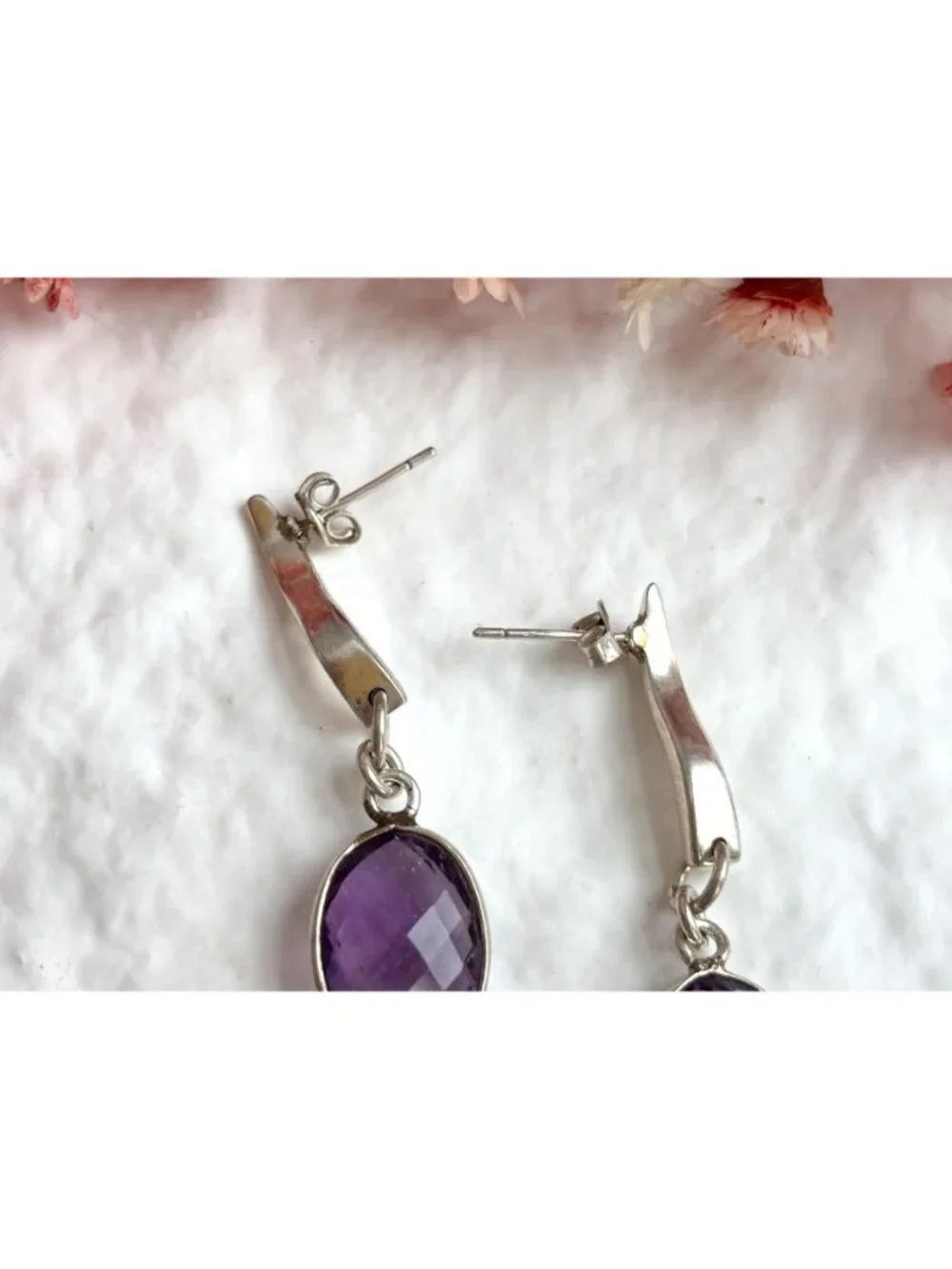 Amethyst Gemstone Swirly Minimalist Vintage Sterling Silver 925 Earrings